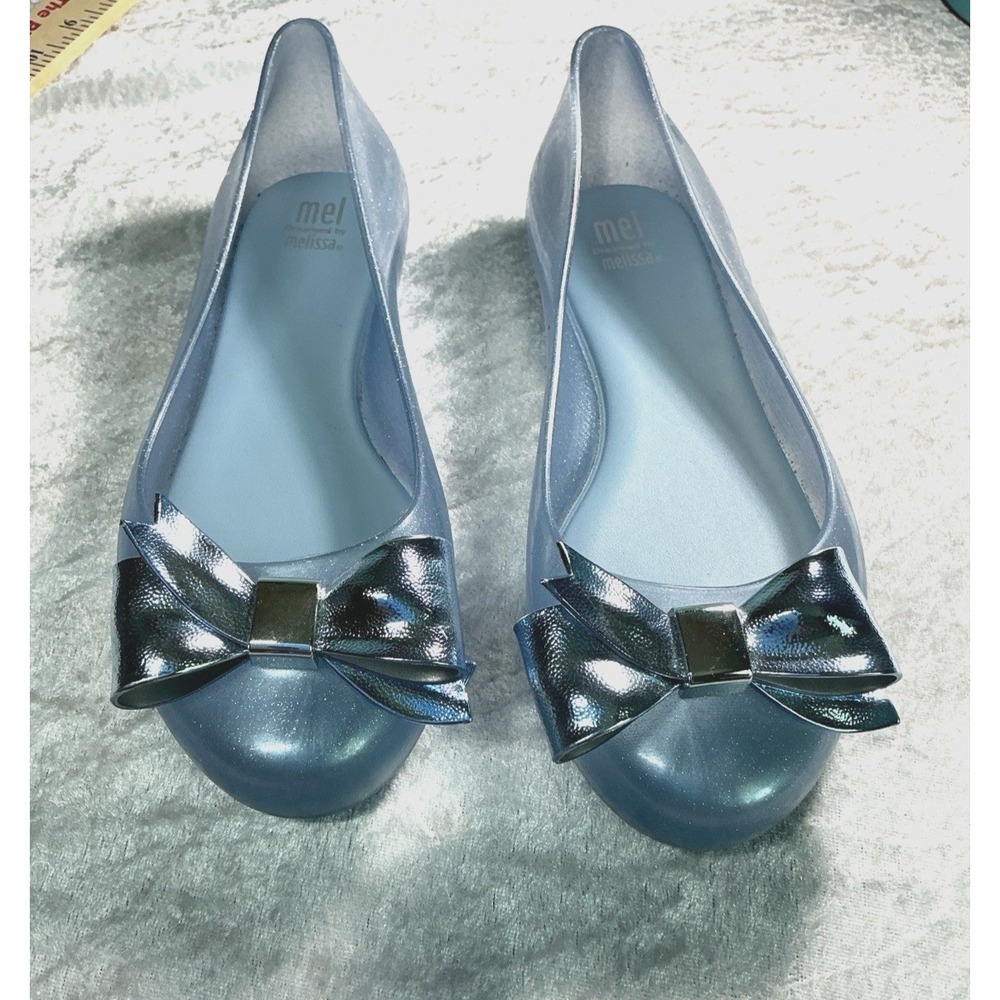 Melissa Mel Girls Size 3 Light Blue Glitter Jelly Ballet Flats Bow Slip On Shoes